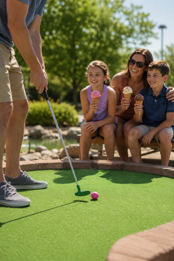 family enjoying ice cream at mini golf